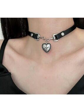 Faux Leather Choker Necklace with Silver Tone Heart Charm Pendant Gothic Witchy